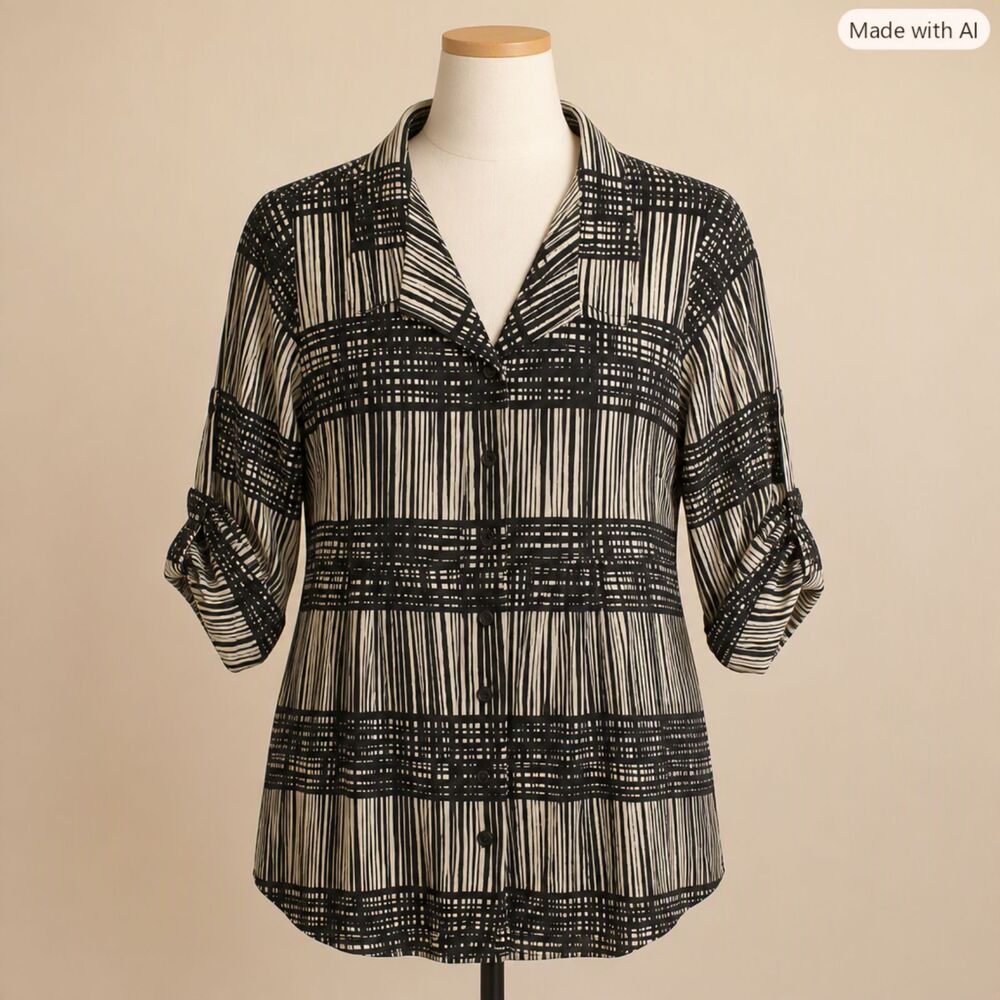 Style & Co Black & White Grid Button‑Down Shirt – Size SP – EUC